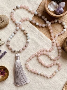 Hand-Knotted Rose Quartz & Aquamarine 108 Mala Beads Necklace for Love & Clarity